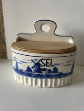 Ancien Pot Boîte à sel en faience décor moulin bateau Bleu Collection Cuisine