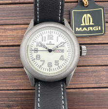 Montre Homme Margi Acier Pilote 47Mm Jour-Date Quartz NOS Jamais Porté