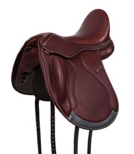 Selle de dressage Chester en cuir, plaque d'arçon interchangeable, rouge/brun