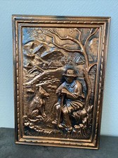 ancien cadre bois berger plaque cuivre relief montagne deco chalet retro