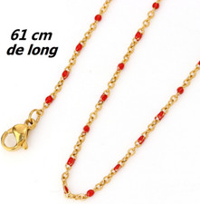 Collier,chaîne très fine femme mini perle émail rouge Acier Inoxydable 61cm