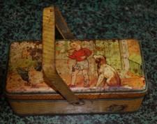 Boite à gouter panier tôle lithographiée 1920 enfant poules chien souris 