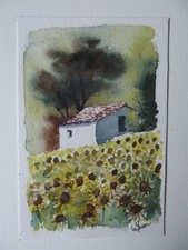 Aquarelle originale signée paysage "La cabane aux tournesols"