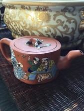EXCELLENT CHINESE YIXING ZISHA SCHOLAR ENAMEL TEAPOT 3”H marked