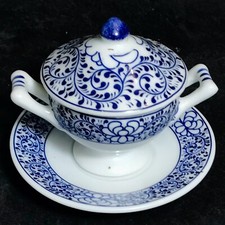 SOUPIERE + PLATEAU MINIATURE Décor Vegetal Bleu  DINETTE PORCELAINE VITRINE N°9