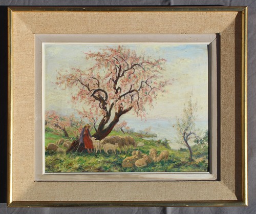 Huile sur panneau bergère - panneau",