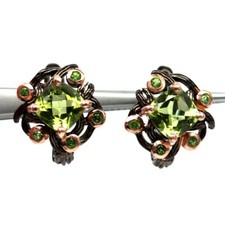 Boucles d'oreilles argent 925 plaqué or noir et jaune avec citrines et diopsides