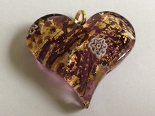 Murano Pendentif Coeur Verre violet Fleurs blanches Flocons dorés
