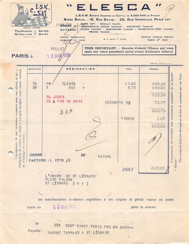 1933 facture elesca apris - elesca,