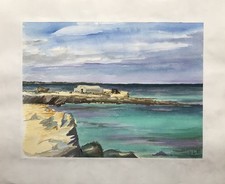 Aquarelle paysage côtier avec Fischerhütte Méditerranée Tunisie Maroc ?