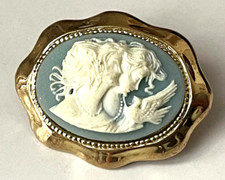Broche Vintage style camée Bleu doré deux Femme Oiseau 3,4cm Magnifique