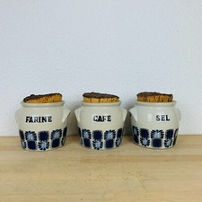 3 pots à épices en grès LML Limoges années 70 vintage fleurs/palmes bleues