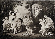 TEMPLE de l'AMOUR: PUTTI & JEUNES FEMMES NUES (de DIAZ) -Gravure 19em Grd Format