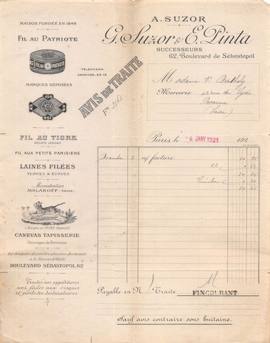 Facture 1921 suzor - ,