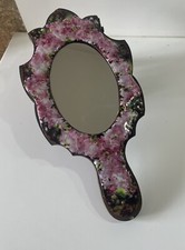 Ancien Petit miroir face à main émaux sur cuivre & bois Collection Déco Vintage