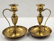 Ancienne PAIRE de bougeoirs ronds en laiton 14 cm français poignées latérales