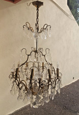 ancien grand lustre cage en bronze à 12 lumières pampilles Baccarat St Louis ??