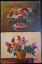 XXe Lot 2 Huile Sur Carton Tableau Nature Morte Signé GIL ? Bouquets Fleurs ART