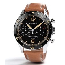 HEMEL Air Defense Chronographe Mécanique Acier Marron Cuir Noir Montre Homme