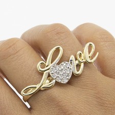 Bague À Deux Doigts En Or Jaune 10K Avec Script "Love" En Forme De Cœur Brillant