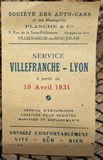 Horaires autocar Villefranche Lyon 1931 Planche & Cie – Feuillet ancien