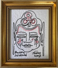 LADISLAS KIJNO DESSIN ENCRE ORIGINAL BOUDDHA SERENITE 2007 PAPIER FROISSÉ