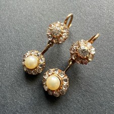 Antique 18K gold diamond LFG certified natural pearl earrings,
