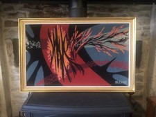 Belle tapisserie brodée abstraite vintage 70's signée Claude Bleynie (1923-2016)
