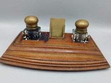 ?Encrier de bureau en bois mouluré , Laiton, Cristal ?? Porte document 