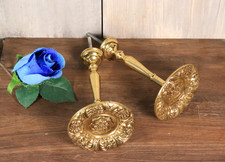 Vintage French Curtain Tiebacks Wall Hooks Pair Gilt Bronze Brass Flowers 1950s