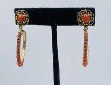 Boucles D'oreilles Pendantes En Corail Rouge En Or 14k