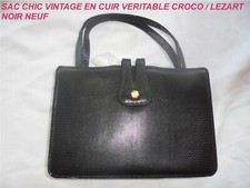ANCIEN SAC A MAIN CHIC  EN CUIR VERITABLE CROCO/VINTAGELEZART VERNI NOIR NEUF