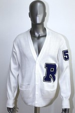 VTG White Acrylic Varsity Letterman Cardigan Sweater DRESS CODE Sz L Made in USA