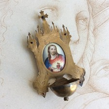 Bénitier Reliquaire Porcelaine Emaillée Christ au Coeur Sacré XIXè