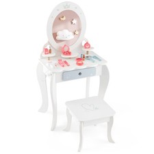 2 en 1 Coiffeuse et Tabouret Enfants - Miroir Ovale Amovible, 10 Jouets d'Habil