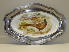 -PLAT LONG en INOX avec au centre un couple de FAISAN & FAISANNE sans marque D