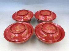 Ancien Japonais en Bois Soupe Boules Rouge Laque Avec Or 4-Set Meiji Koi Poisson