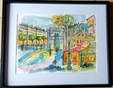AQUARELLE PARIS ARC DE  TRIOMPHE LES CHAMPS ELYSEES PEINTURE JUMEAUX JEAN PIERRE