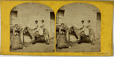 Stéréo, des villageois, enfants à dos d âne Vintage stereo card  Tirage albumi