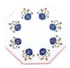 12 " Marbre Blanc Coin Table Top Lapis Demi-Précieuses Pierres Incrustation Art