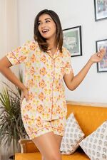 Femmes Imprimé Coton Pyjama Ensemble Manche Courte Taille Haute Souple