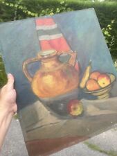 Peinture Nature Morte Cruche Pot Jaune Terre Vernissée Cuisine HST Ancien