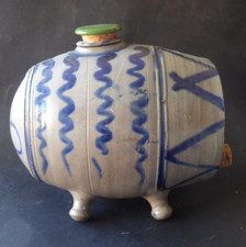 Ancien Vinaigrier Grès Alsace Gris Décor Bleu Forme Tonneau XIXe Vintage d 16cm