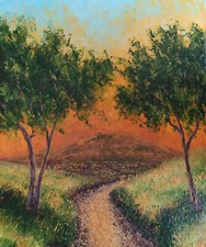 Tableau huile sur toile - chemin et arbres sur couché de soleil - paysage