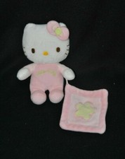 Peluche doudou chat rose Hello Kitty SANRIO mouchoir fleur vert anis grelot TTBE