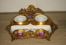 Ancien Encrier porcelaine Limoges & Bronze ou Laiton décor Floral & Angelots