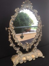 IMPOSANT MIROIR COIFFEUSE PSYCHÉ SUR AXE EN LAITON DORÉ STYLE RÉGENCE H.48 CM