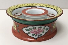 Encrier Rond Ancien Art Déco Porcelaine Aladin 3 plumes Fleurs Oiseaux Rouge 