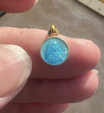 French Gold Saint Therese Medal ⅓” Pendant Blue Enamel Round Plaited Sterling