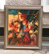 La marchande de fleurs - superbe huile sur toile de Jean ABADIE